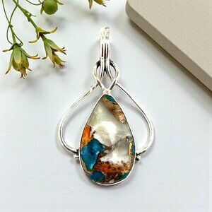 Turquoise, Copper and Spiny Oyster Pendant 925 Sterling Silver XL